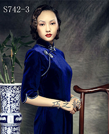 巧之韻 小倩.寶藍色中式新古典真絲絨傳統影視時尚高端長旗袍
